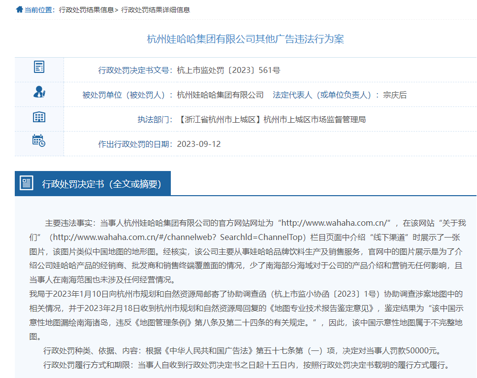 娃哈哈，被罚！