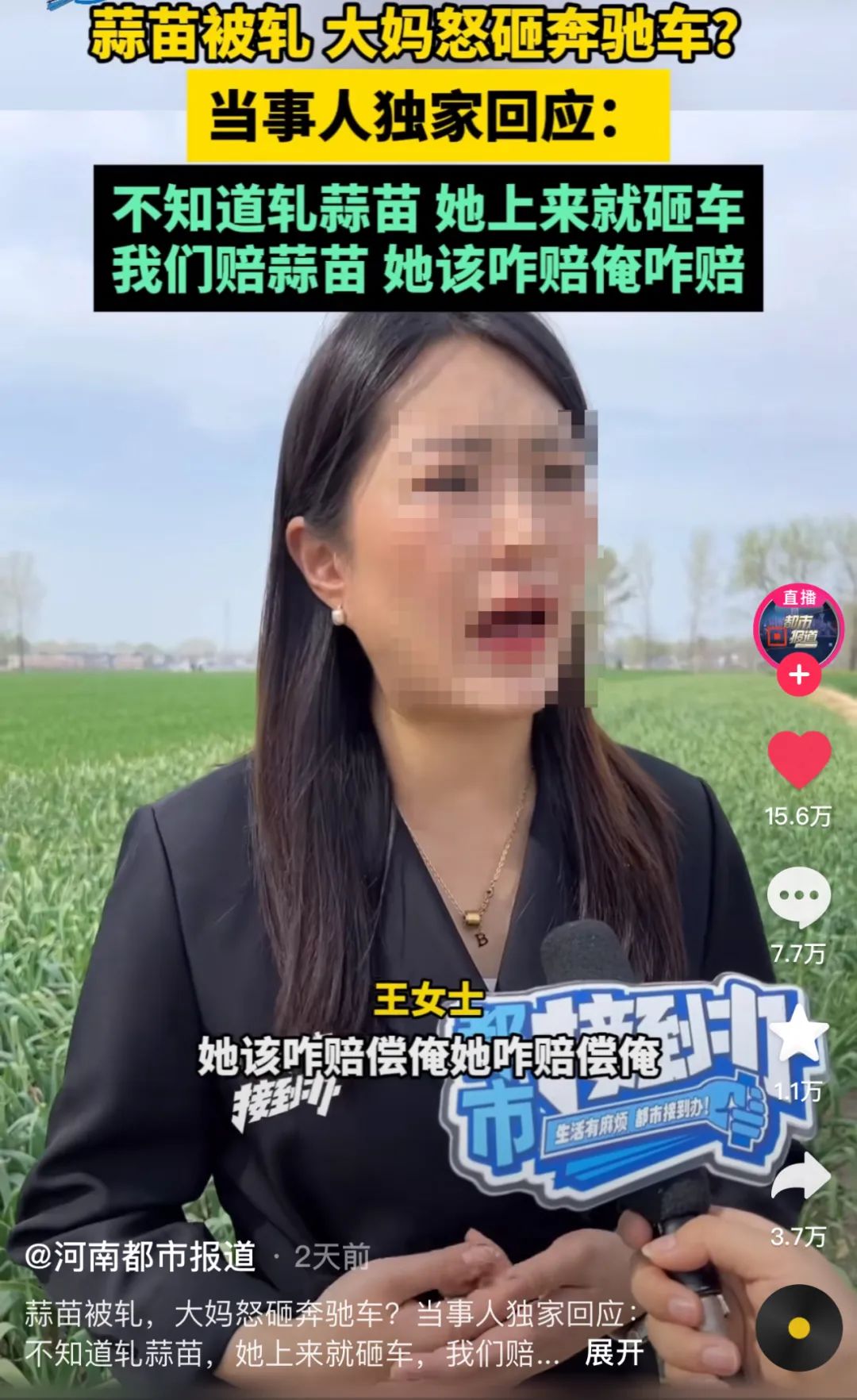 “你压我蒜苗，我砸你奔驰！”河南大妈怒砸豪车后，结局傻眼了… ... ... ...